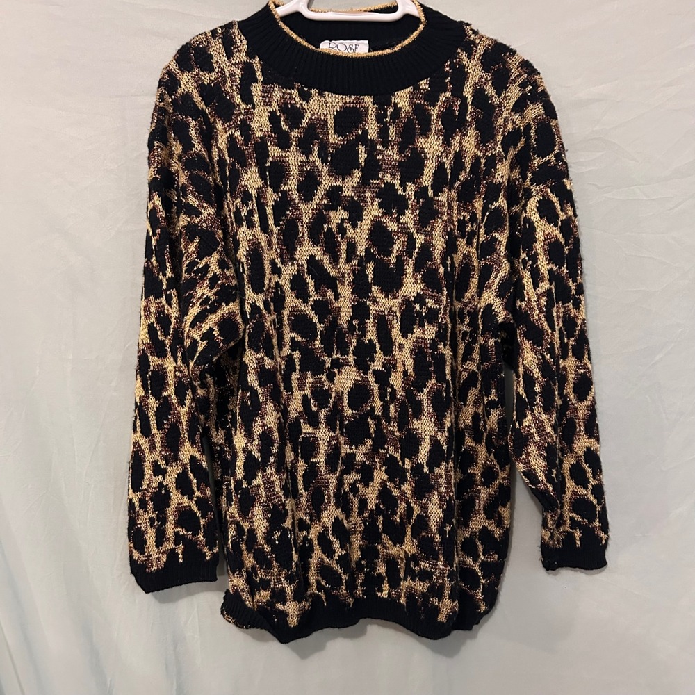 Vintage Rose L Leopard Print Metallic Gold Lurex Knit Sweater Crew Neck USA Made